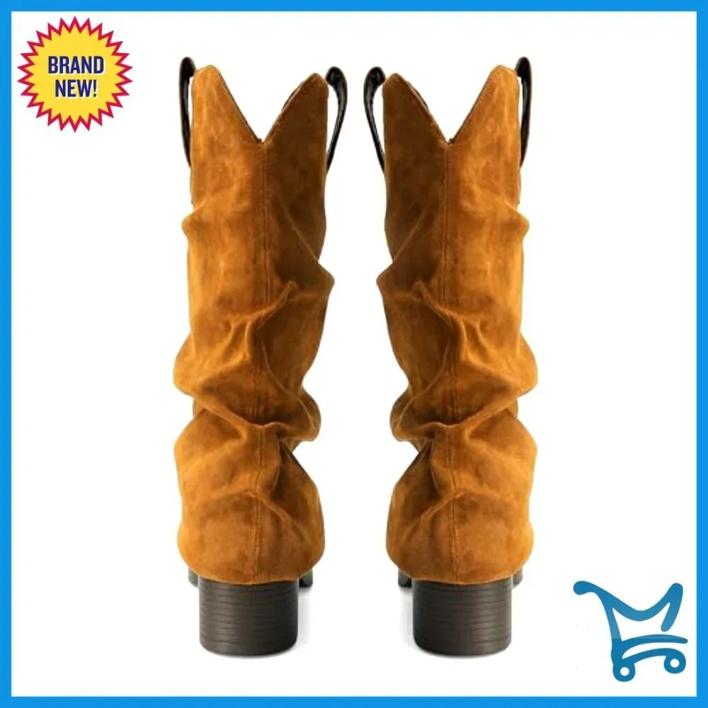 Faux Suede Fold Over Boots Square Toe Chunky Heel Mid Calf Western - Picture 6 of 7